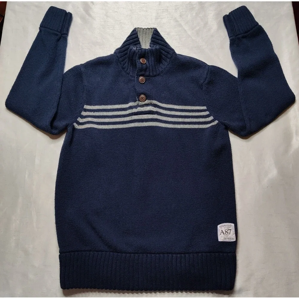 AEROPOSTALE Men Medium Blue Henley Mock Neck Cotton Acrylic Blend Sweater‎